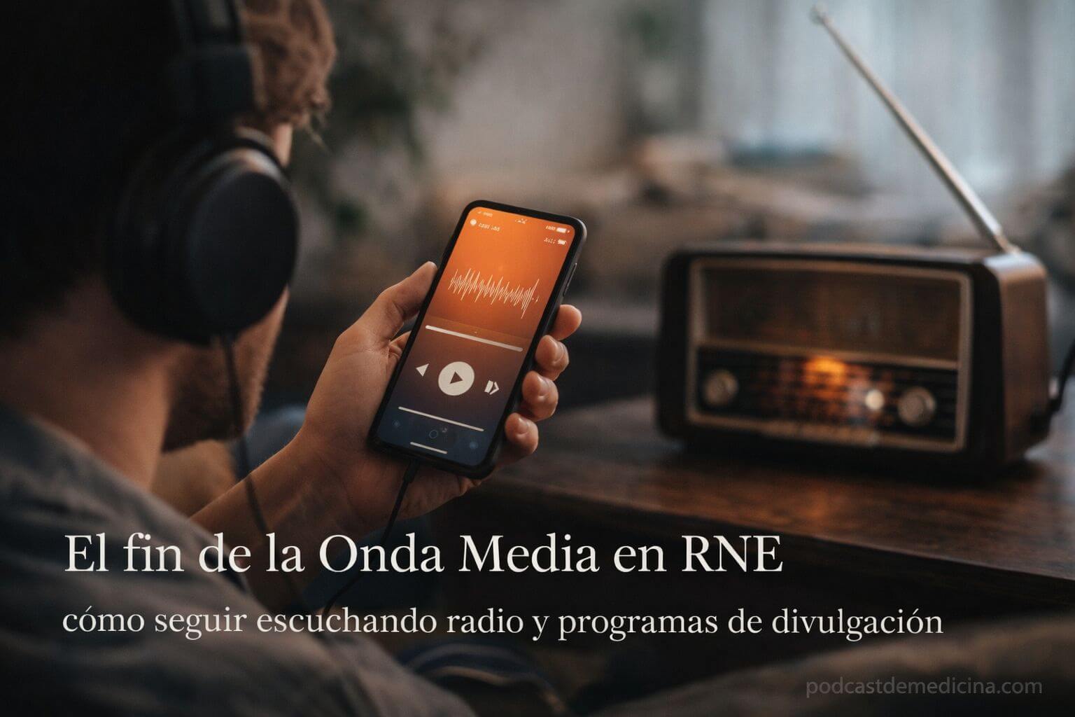 Persona escuchando radio y podcasts en el móvil tras el fin de la Onda Media en RNE